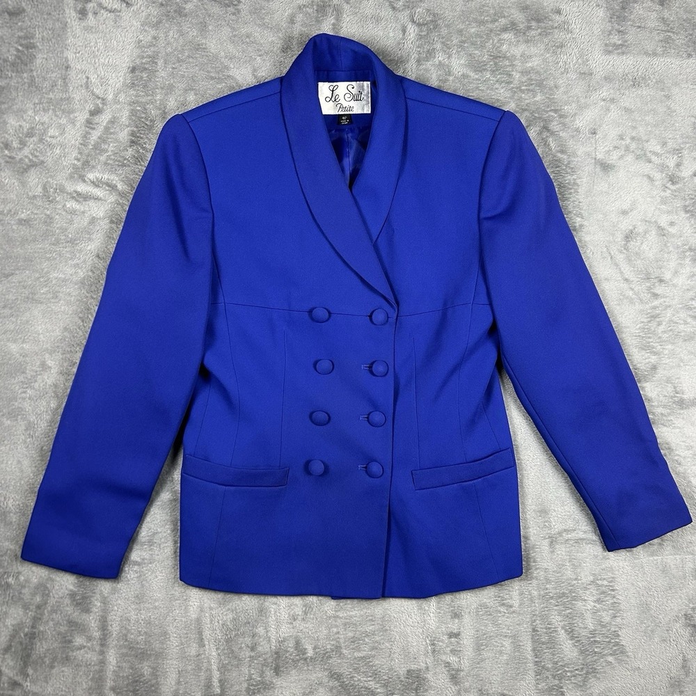 Le Suit Petite Women's 4P Blue Button Blazer with Pockets and Padded Shoulders